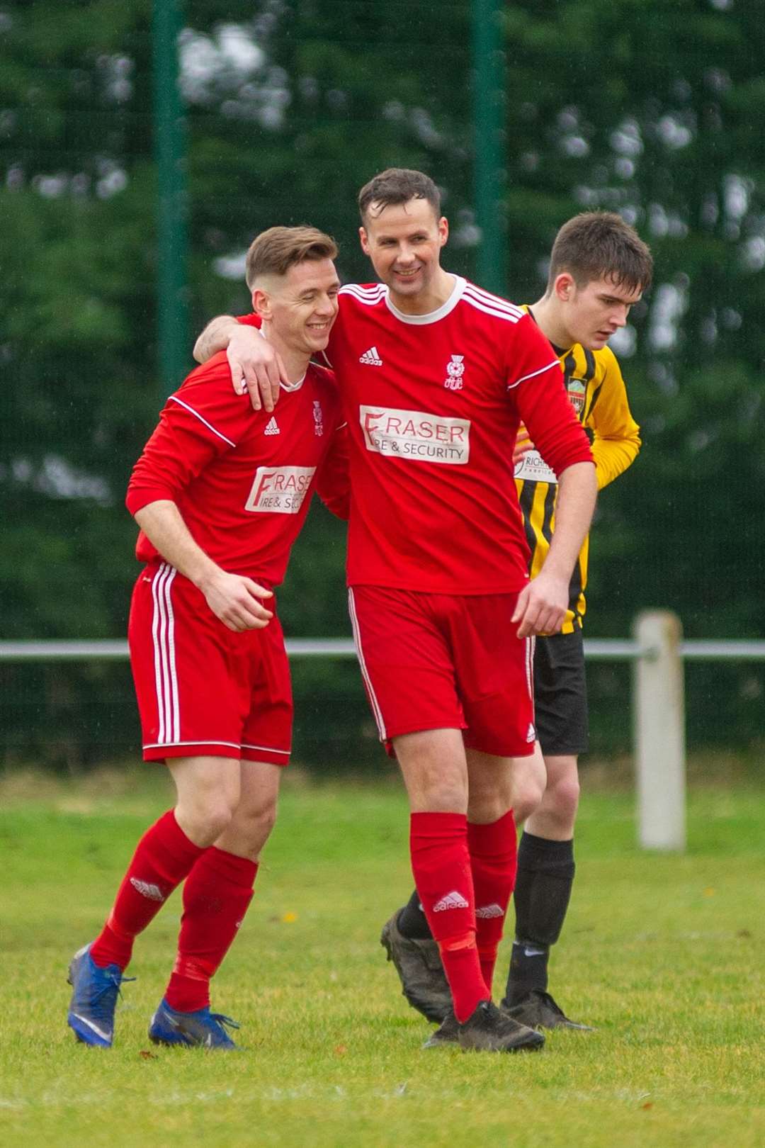 Forres Thistle's Neil Moir celebrates opening the scoring for the home side. ..Forres Thistle (6) vs Islavale (1) - North Region Juniors - Logie Park, Forres. ..Picture: Daniel Forsyth..