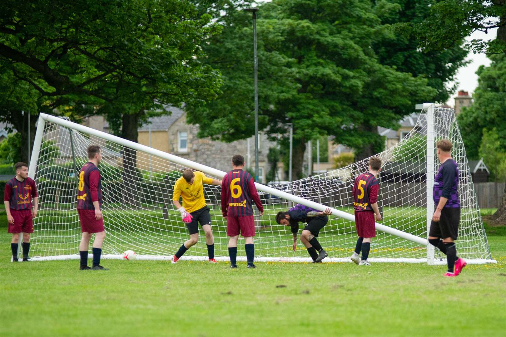 Andrew Lloyd knocks the Caberfeidh crossbar down while heading in Mosset's first of the evening...Mosset Tavern FC (5) vs Caberfeidh FC (4) - Forres & Nairn Welfare League...Picture: Daniel Forsyth..