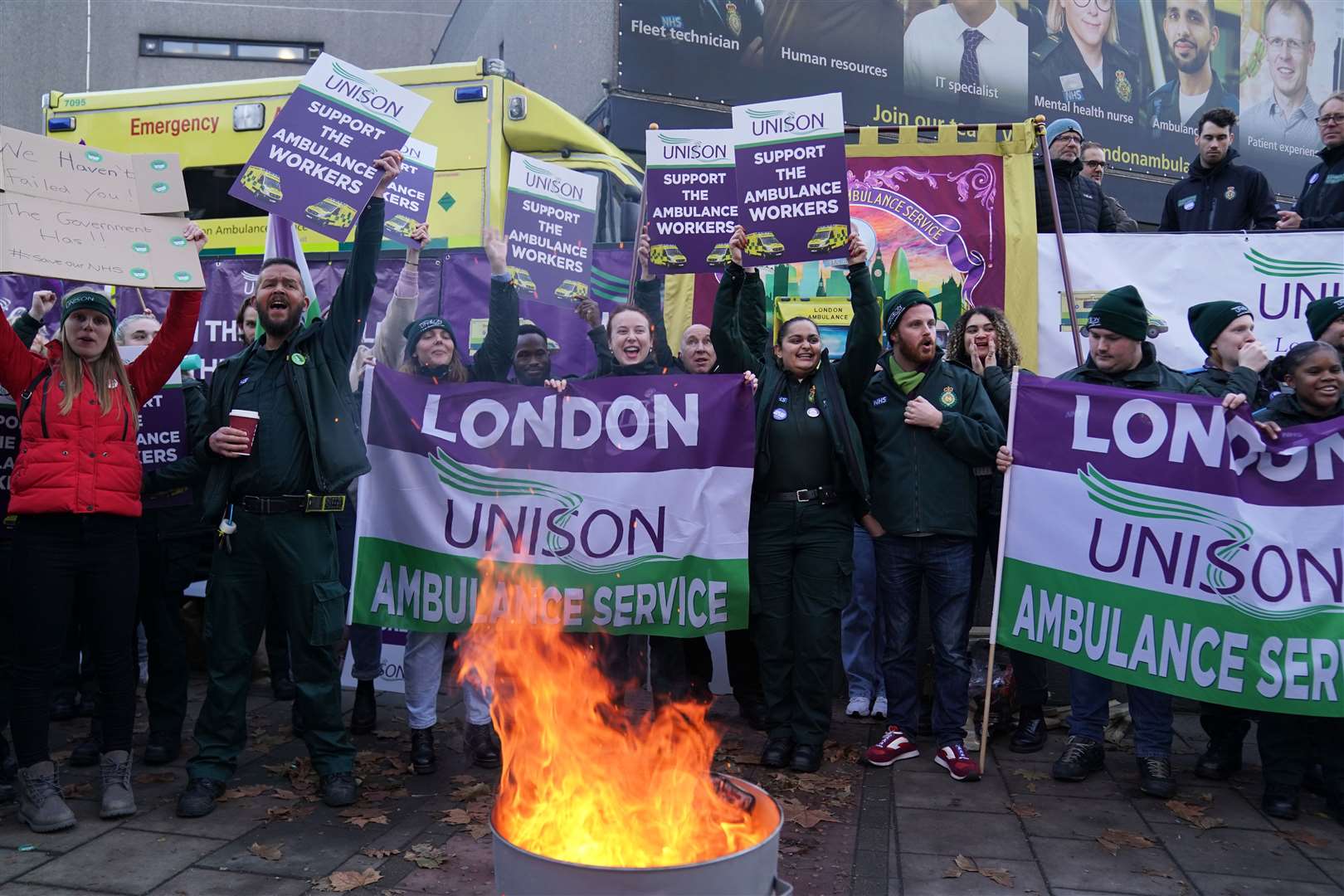 Ambulance workers on the picket line outside Waterloo ambulance station in London last month (Kirsty O’Connor/PA)