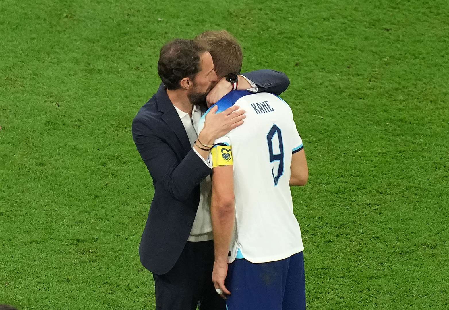 England manager Gareth Southgate consoles Harry Kane following the FIFA World Cup Quarter-Final match at the Al Bayt Stadium in Al Khor, Qatar (Peter Byrne/PA)