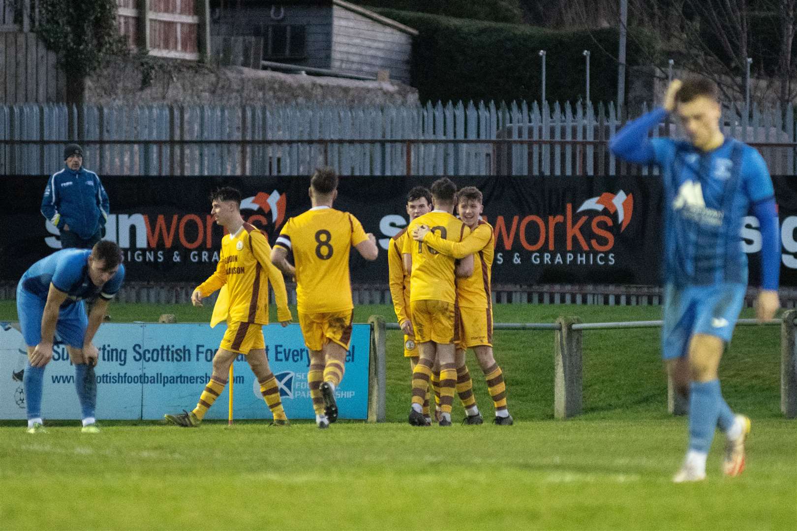 Forres Mechanics' celebrate their third goal of the afternoon...Forres Mechanics FC (8) vs Strathspey Thistle FC (1) - Highland Football League 22/23 - Mosset Park, Forres 07/01/23...Picture: Daniel Forsyth..