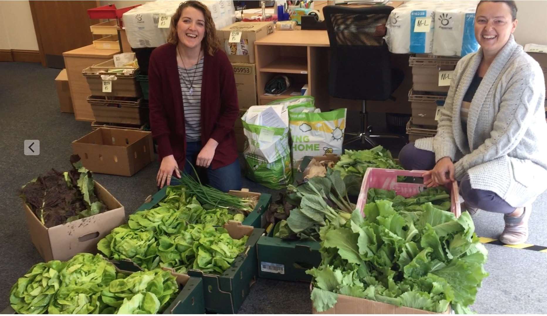 Moray Food Plus volunteer development officer Gillian Pirie and administrator Yvonne Milton with donated vegetables including head lettuce, spinach, spring onions, pak choi and cabbage.