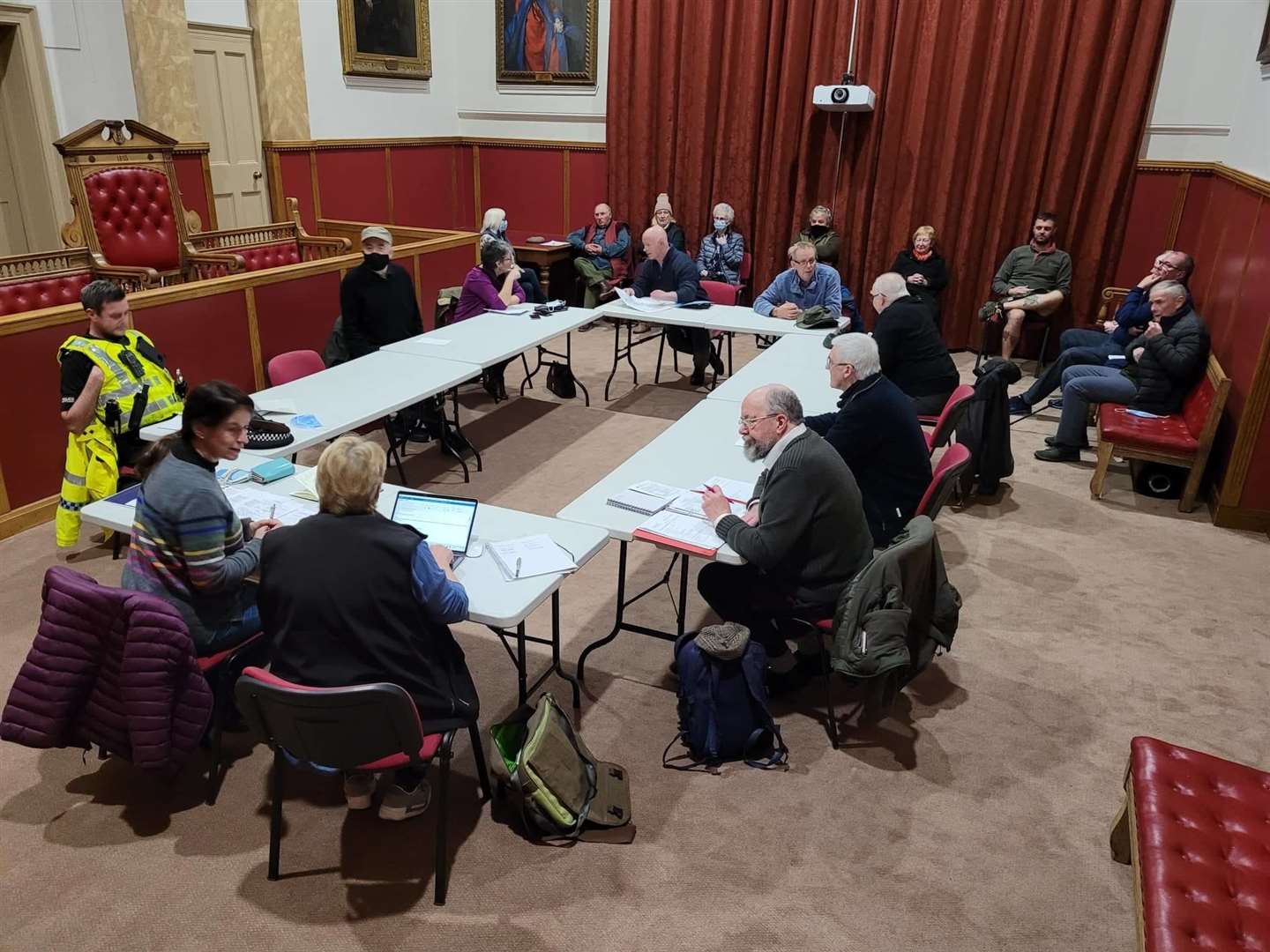 Forres Community Council met in the courtroom upstairs at the Tolbooth but can meet on the ground floor if required.
