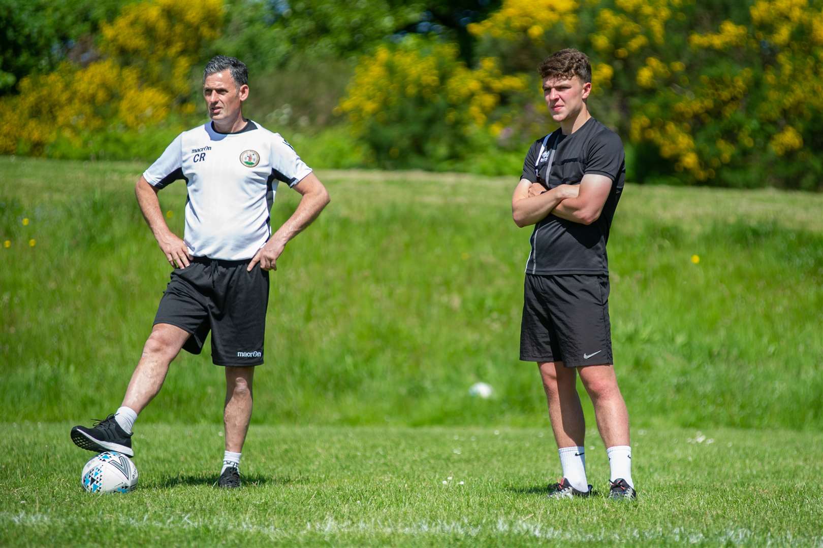 Manager Charlie Rowley and Ruari Fraser...Forres Mechanics return to training ahead of the 2021/22 Highland Football League season...Picture: Daniel Forsyth..