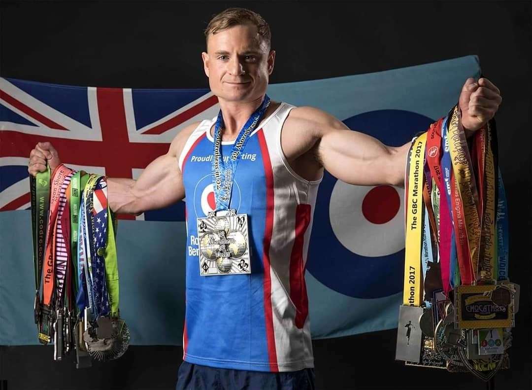 RAF Corporal Jon Ward with his amazing collection of medals.