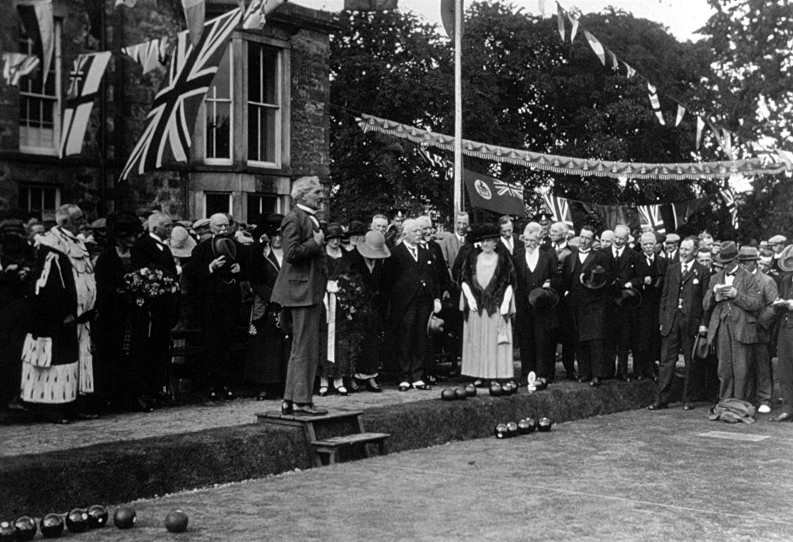 The opening of Grant Park Bowling Green. The Rt.Hon Ramsay MacDonald, Prime Minister, and great friend of Sir Alexander Grant, making a speech on August 27, 1924.