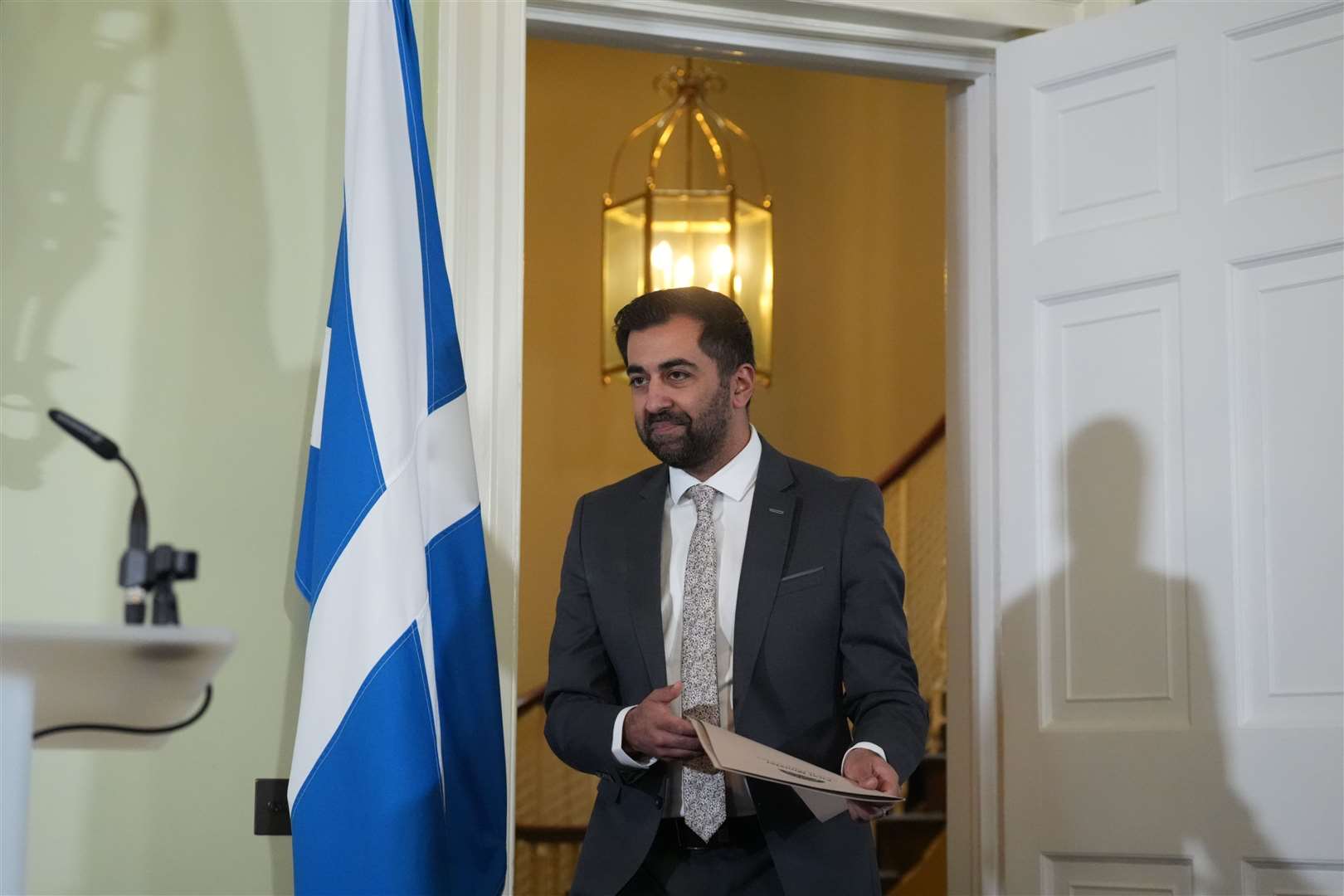 Humza Yousaf arrives for the press conference at Bute House (Andrew Milligan/PA)