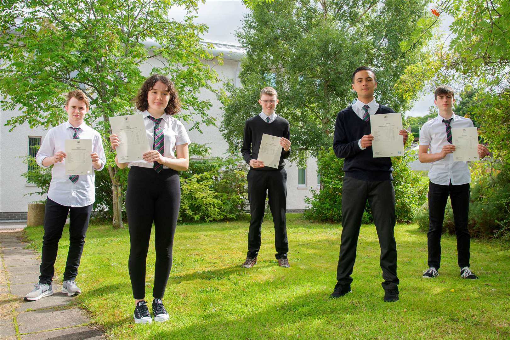 Left to Right: Louis Ozanne, Iona Duff, Ewan Martin, Samuel McPartlin, Ben Cameron...Forres Academy 2020 SQA Results...Picture: Daniel Forsyth..