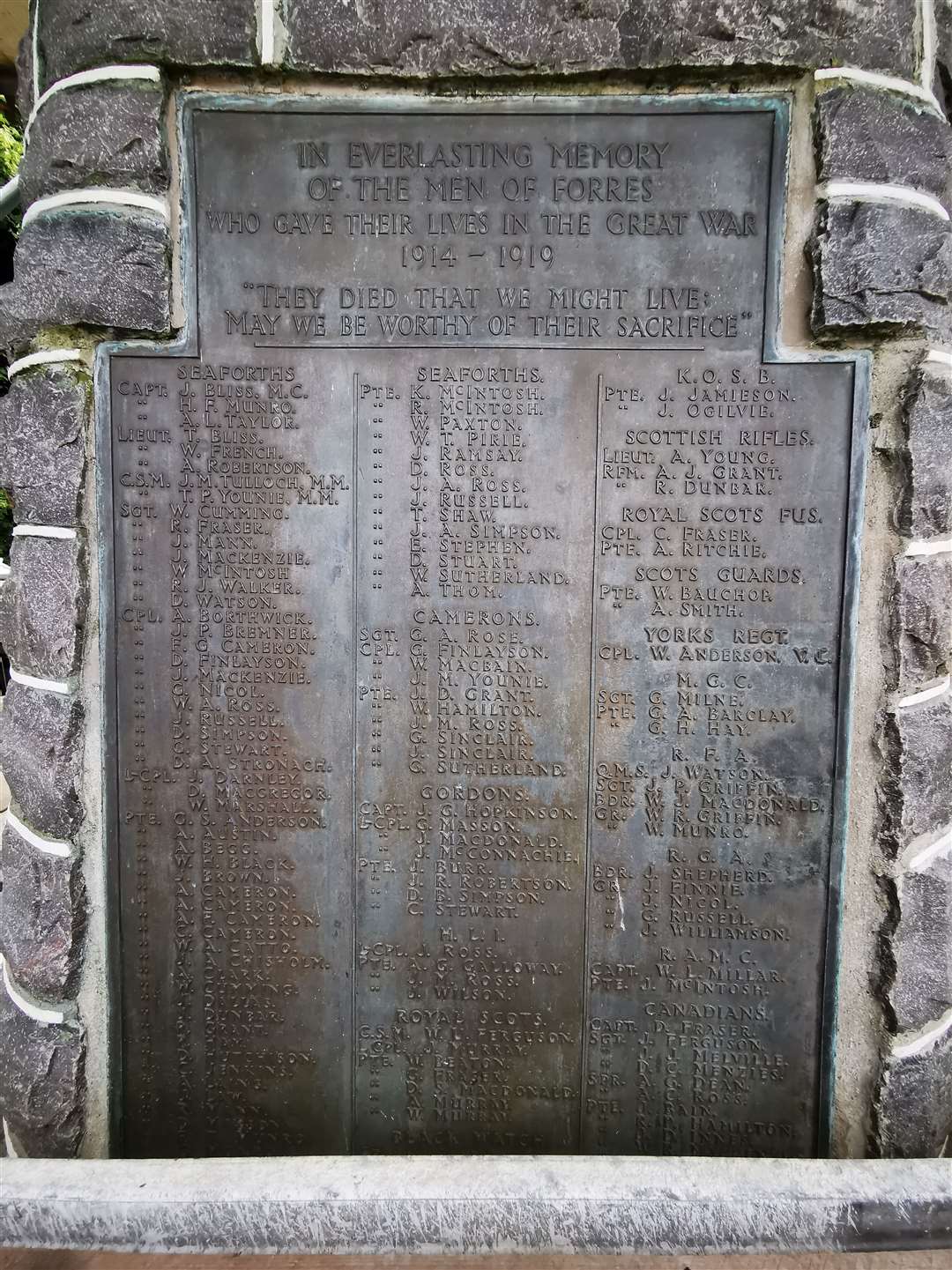 The Great War plaque at Forres War Memorial.