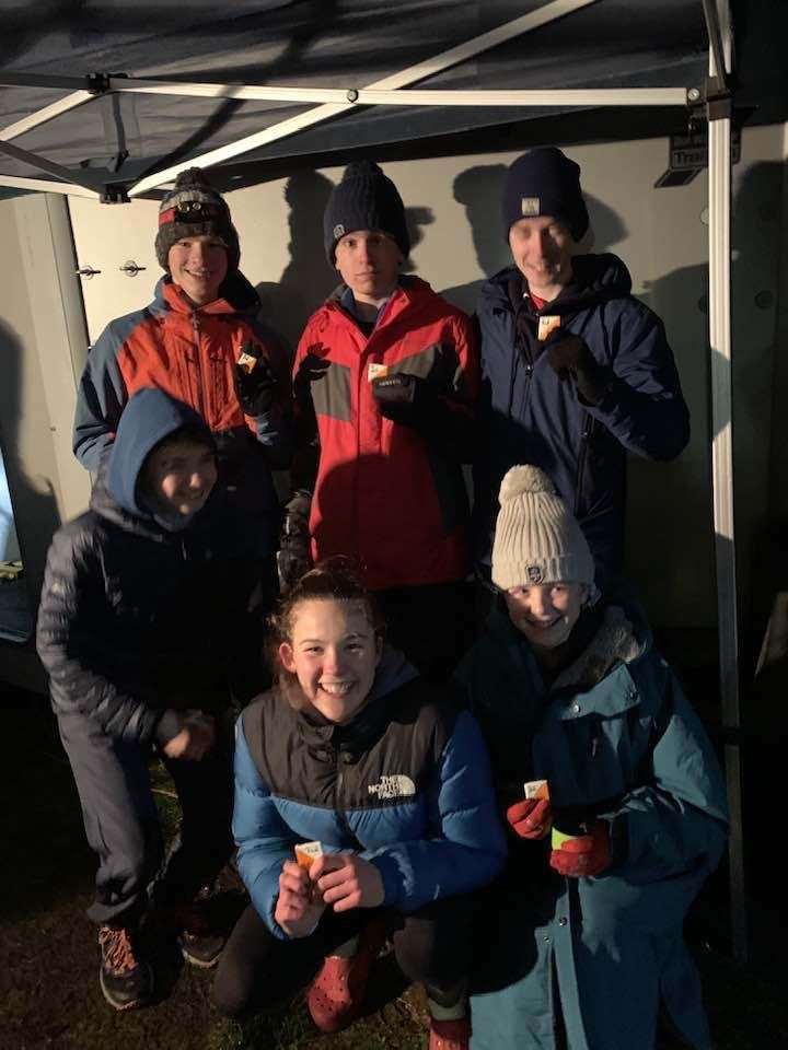 Moravian members did well in the final Northern Night Cup event with Michael Bishenden (top right) second, Finlay McLuckie (top left) third on the long course and Kate McLuckie (crouching, centre) second, just one point off first amongst the ladies.