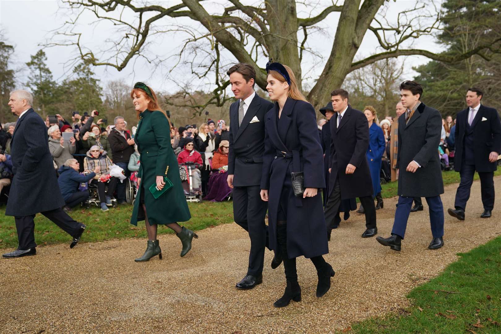The Duke of York, Sarah, Duchess of York, Edoardo Mapelli Mozzi and Princess Beatrice attending the Christmas Day morning church service in Sandringham (Joe Giddens/PA)
