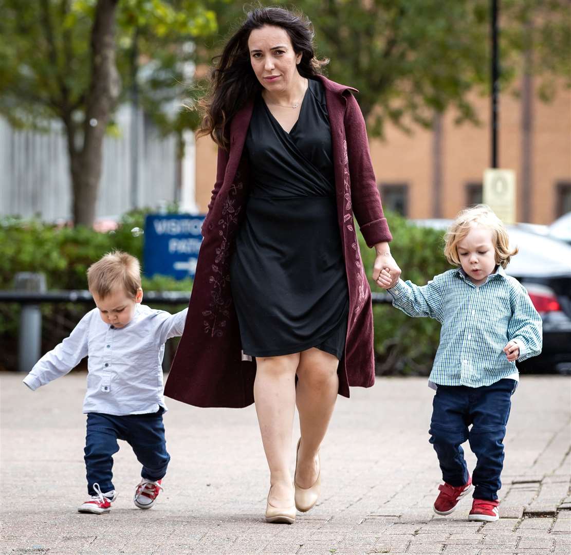 Stella Moris (centre) and sons, Gabriel (right) and Max (left) leave Belmarsh Prison after visiting her partner and their father, Julian Assange (Aaron Chown/PA)