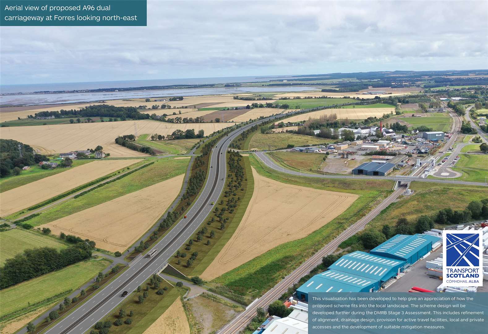 Transport Scotland’s aerial view of the proposed A96 dual carriageway at Forres, looking north-east, includes a foot and cycle path on the north side.