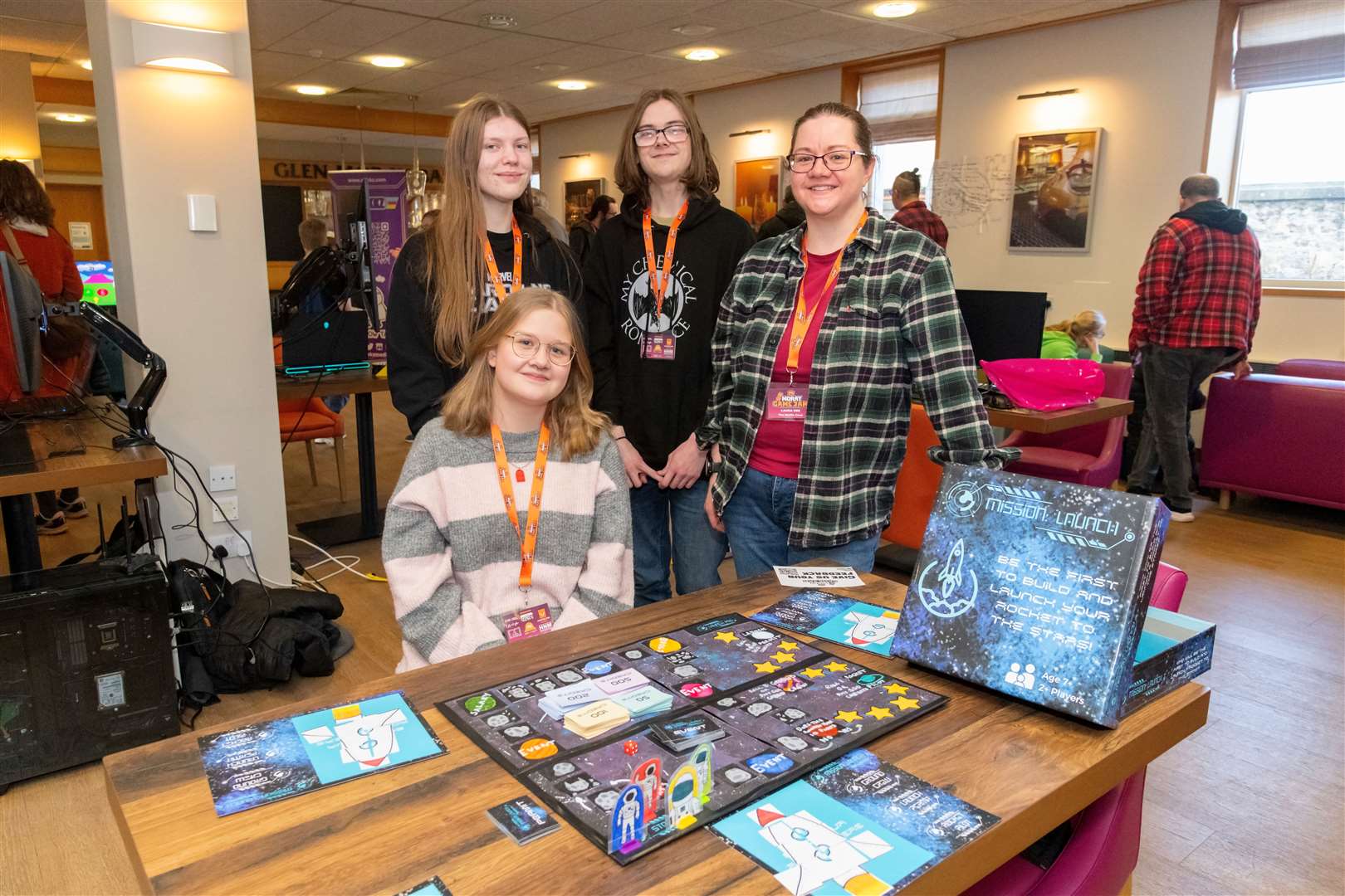 The Waffle Crew with their board game, Mission Launch at the Moray Game Jam 2024 with the theme Up Up and Away held at UHI Moray, in the Beechtree Restaurant. Picture: Beth Taylor