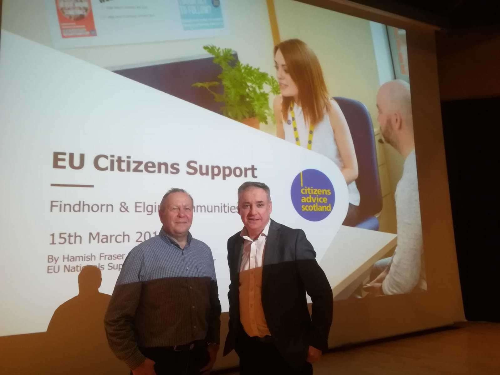 Citizens Advice Scotland EU nationals support project co-ordinator Hamish Fraser and Richard Lochhead MSP.