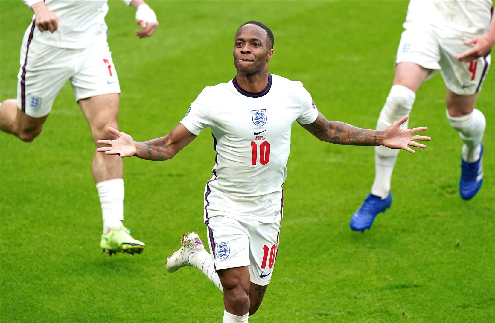 England’s Raheem Sterling, a Black Lives Matter campaigner, celebrates scoring against Germany at Euro 2020 (Mike Egerton/PA)