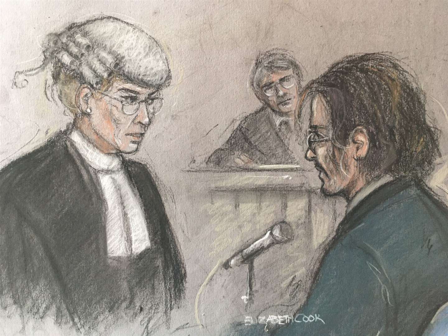 Court artist sketch of Johnny Depp being questioned by Sasha Wass QC at the High Court (Elizabeth Cook/PA)