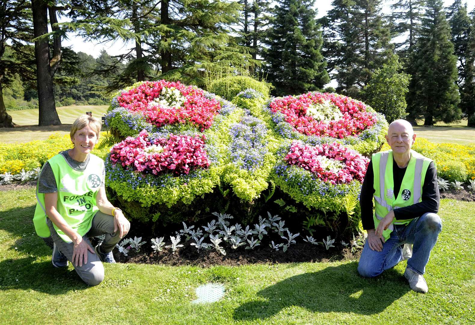 Volunteers Jackie Snowden and Barry Ashby at one of the numerous flower displays Grant Park in Forres.