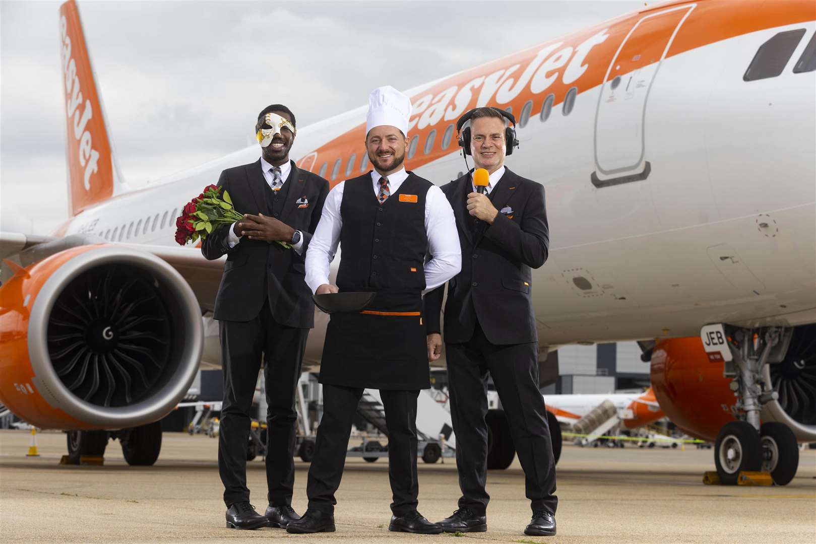 Former opera singer Thiago Beretta, ex-chef George Dogaru and former radio presenter Ian Gilmour front easyJet’s new recruitment campaign, aiming at tackling stereotypes about cabin crew (David Parry/PA)