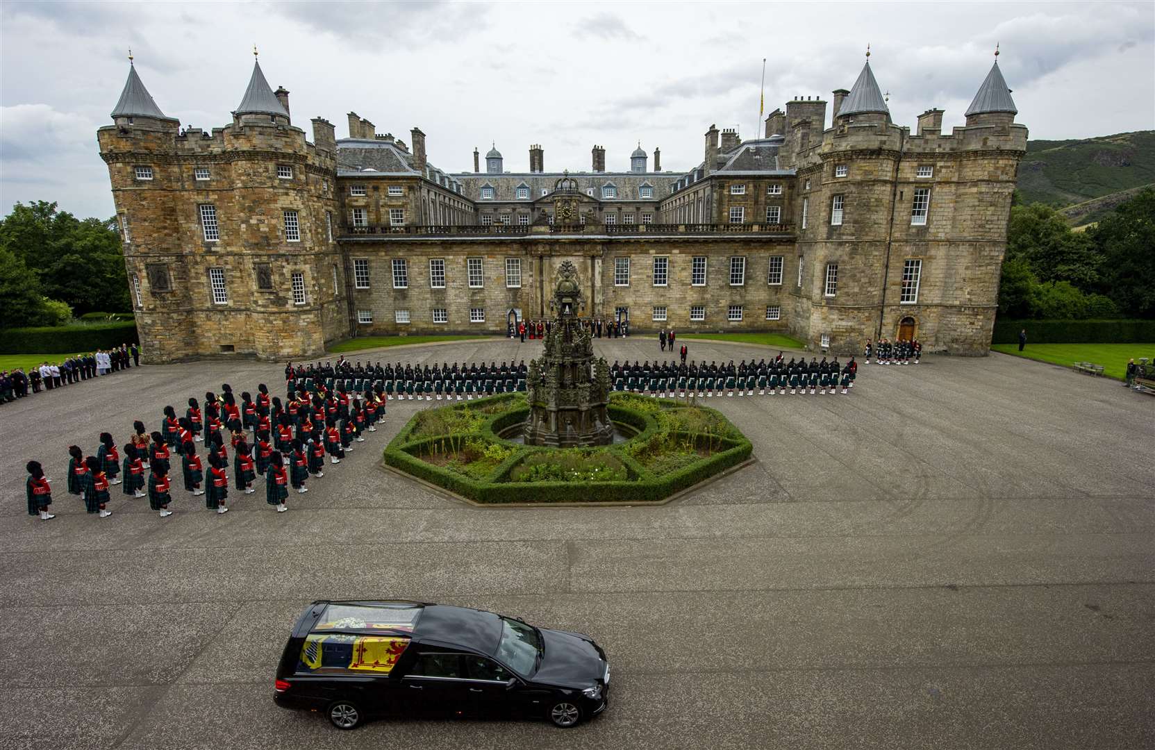The hearse carrying the coffin arrived at the Palace of Holyroodhouse, Edinburgh, on Sunday after a six-hour journey from Balmoral (PA)