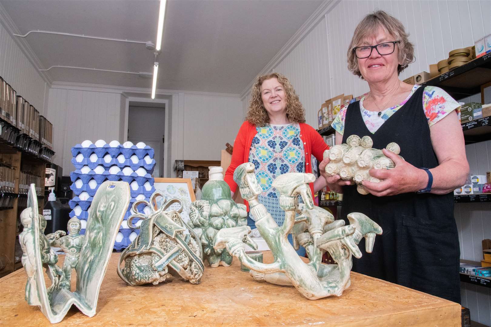 Jenny Ebdy (right), a sculptor from Kingston, is holding an exhibition based on single use plastics. The sculptures are currently on display at Alison Ruickbie's RE:store shop in Lossiemouth. Picture: Daniel Forsyth