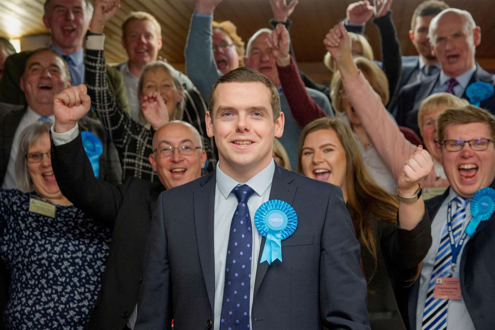 Celebrating his re-election as Moray MP in Elgin Town Hall on Thursday, December 12, 2019. Picture: Daniel Forsyth