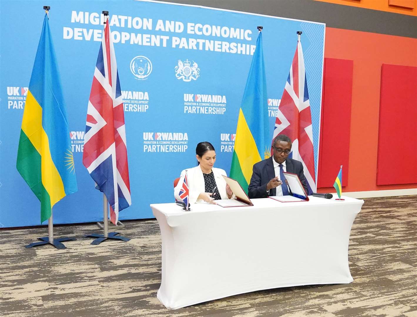 Home Secretary Priti Patel and Rwandan minister for foreign affairs Vincent Biruta signed the deal in April (Flora Thompson/PA)