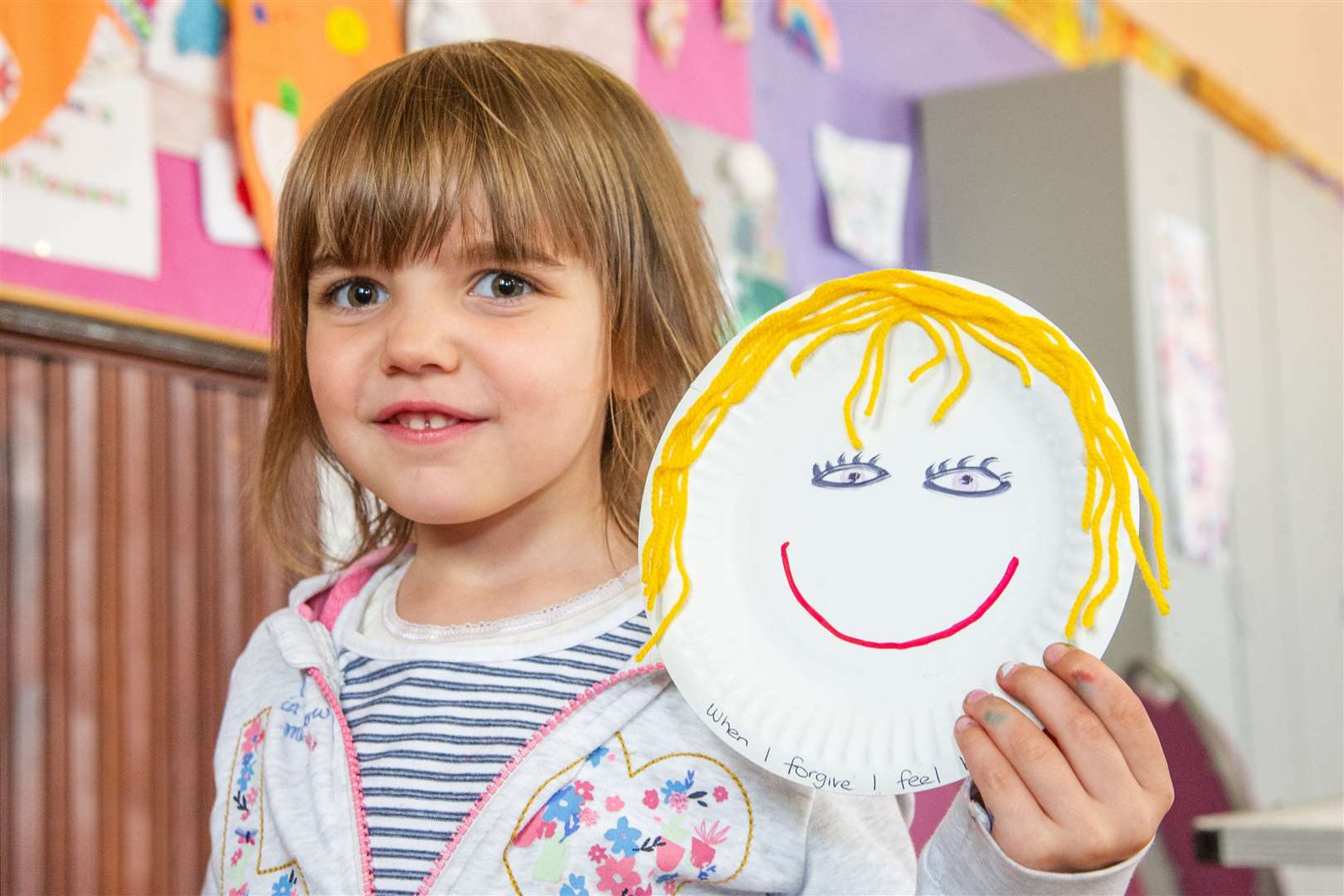 Maisie Haytack with her biblical face plate...Messy Church Thursday afternoon drop in session at the St. Leonard's Church Hall in Forres. ..Picture: Daniel Forsyth. Image No.044616.