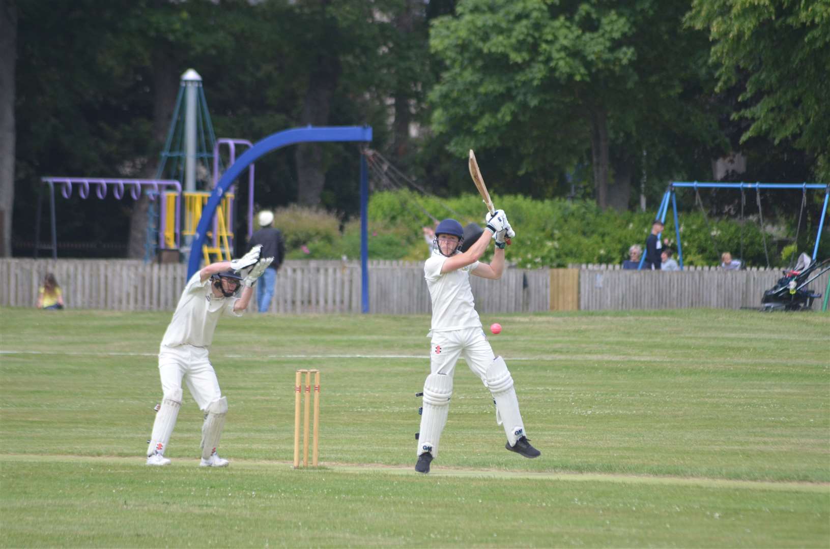 Magnus McGhee strikes out for Forres Saints on their return to the Grant Park cricket pitch.
