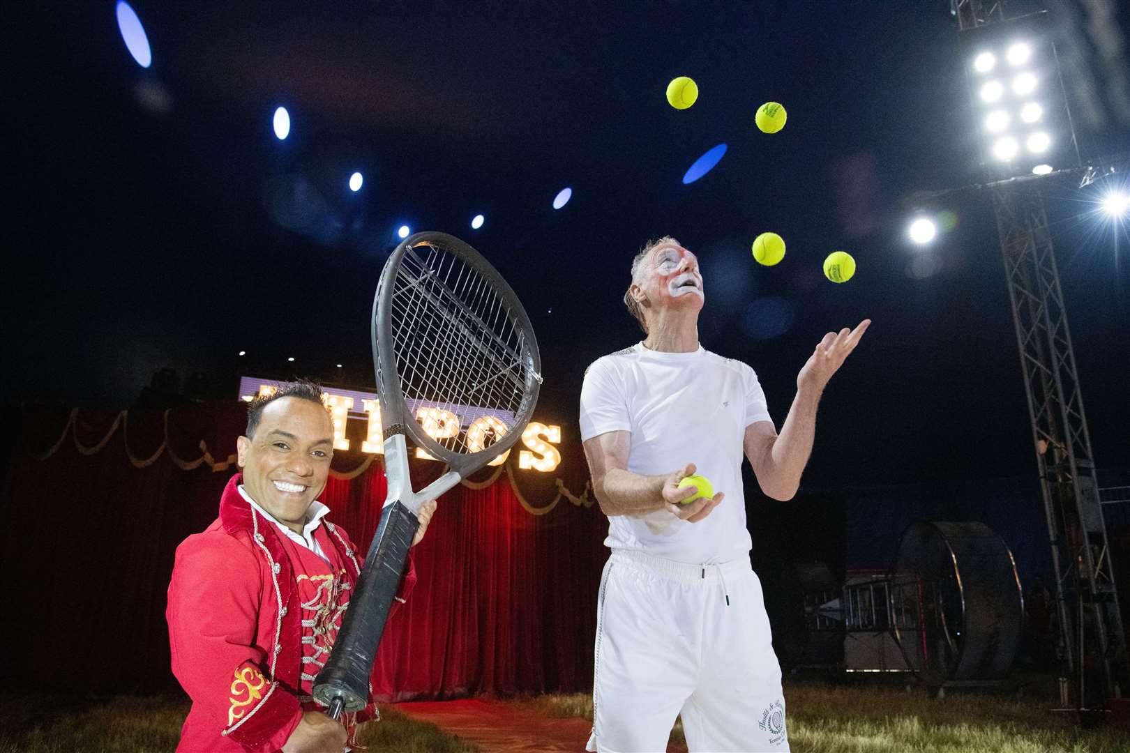 Anyone for tennis? Whimmy Walker and Paulo dos Santos are the resident clowns. Picture: Daniel Forsyth