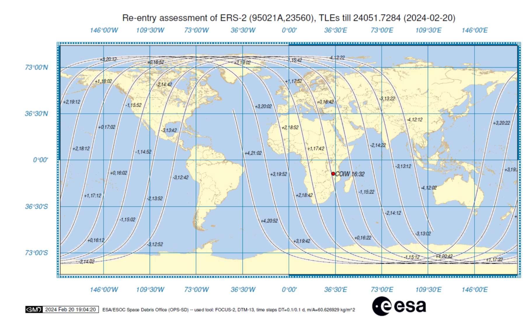 The latest available ‘ground track’ of where ERS-2 might make landfall (ESA/PA)