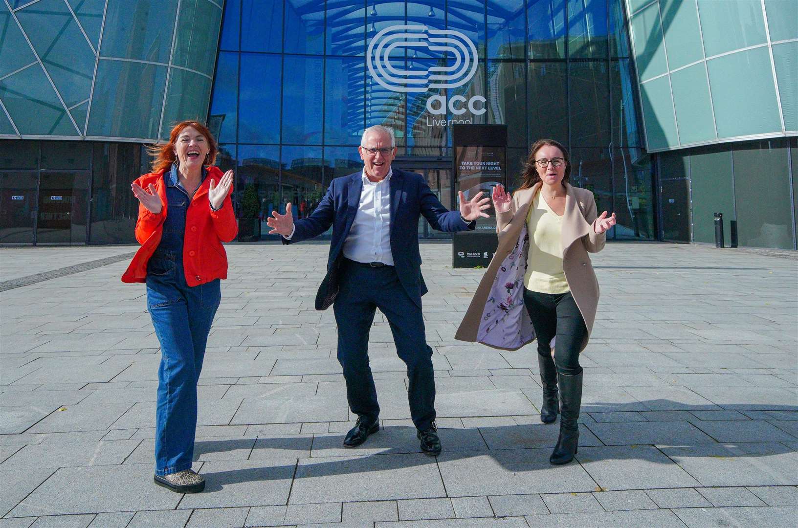 Claire McColgan, director of Culture Liverpool, Bill Addy, chief executive at the Liverpool Bid Company, and Faye Dyer, managing director of the ACC Group, outside Liverpool M&S Arena after the city was announced as host of 2023 Eurovision Song Contest (Peter Byrne/PA)
