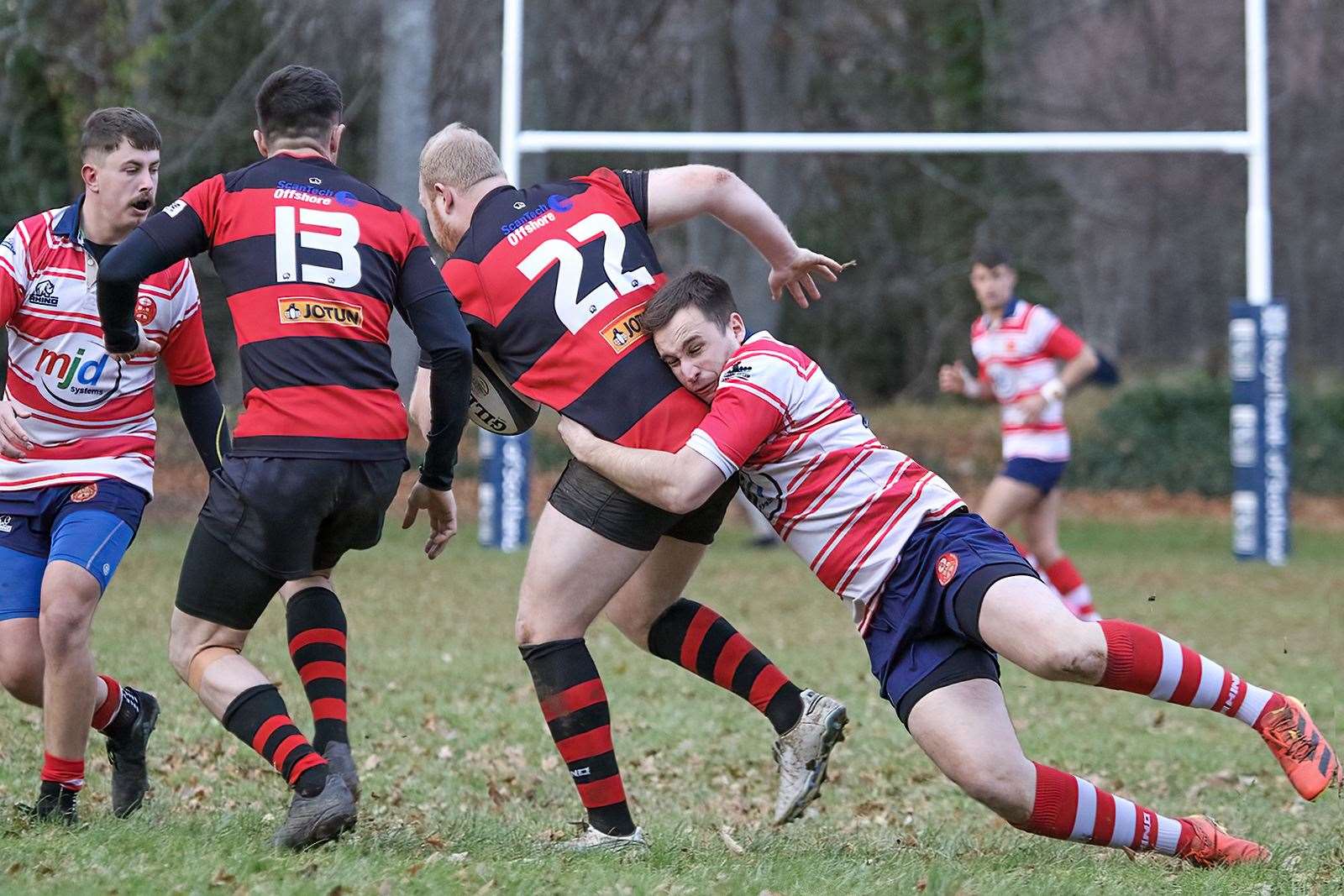 Ben Taylor makes tackle. Connor McWilliam in background. Picture: John MacGregor