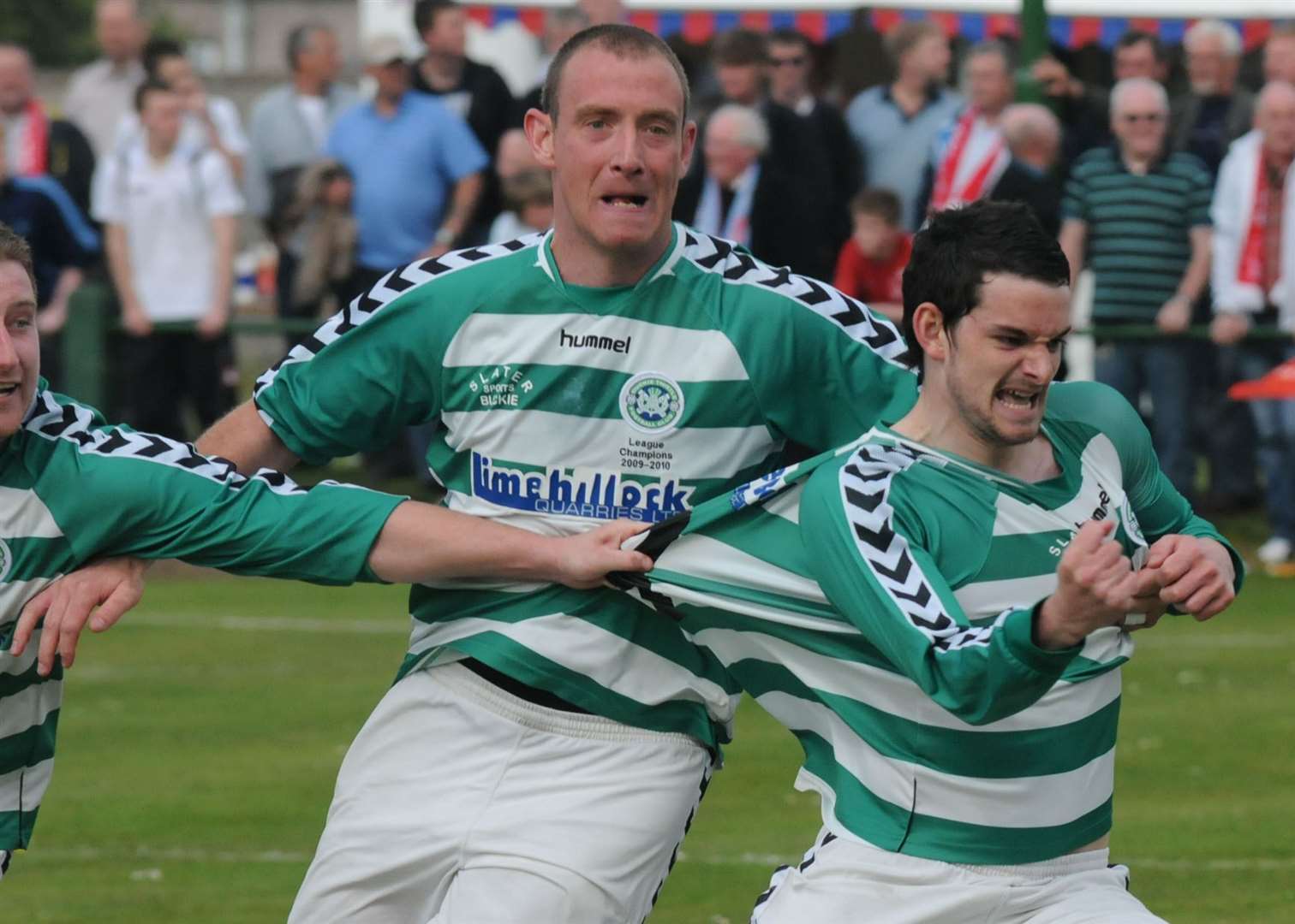 Morrison (centre) gets ready to celebrate on the day he captained Buckie Thistle to the Highland League title.