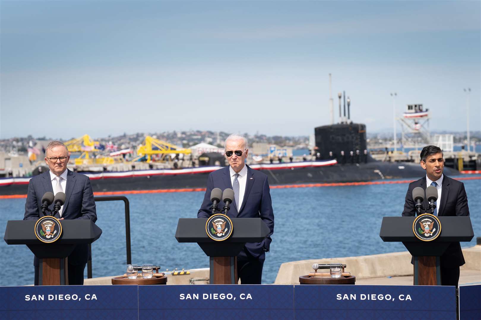 Prime Minister Rishi Sunak during a press conference with US President Joe Biden and Prime Minister of Australia Anthony Albanese at Point Loma naval base in San Diego, US (Stefan Rousseau/PA)