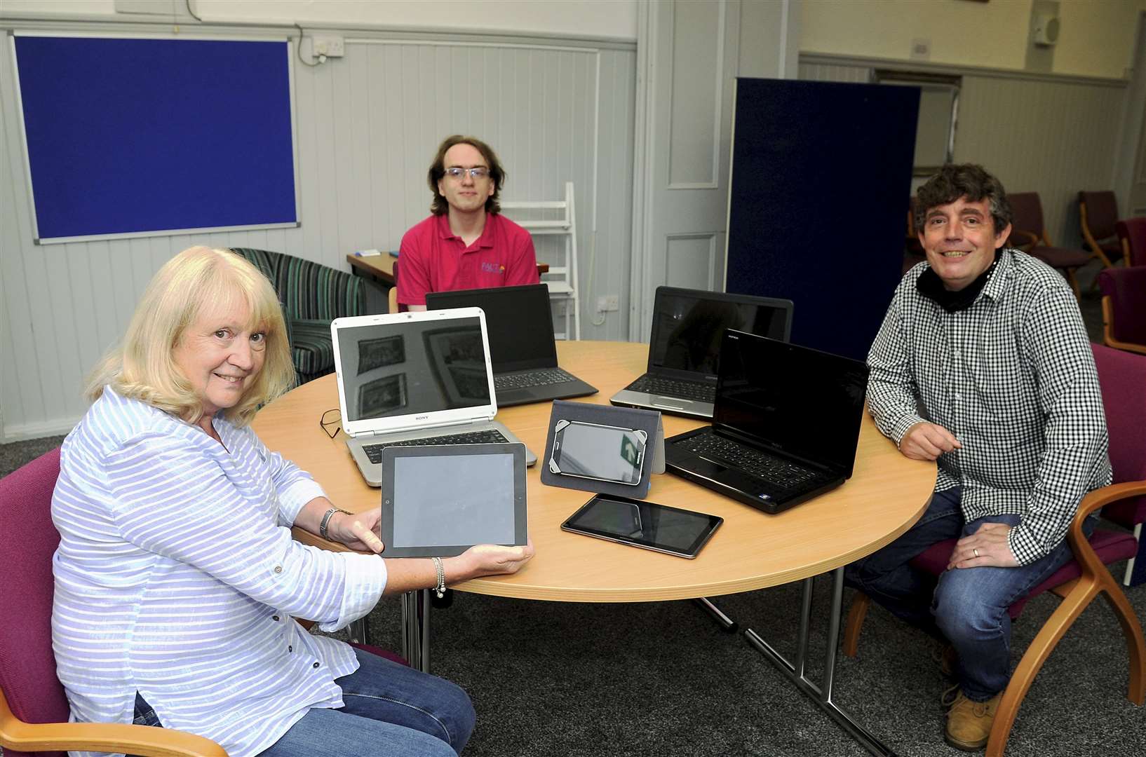 Janice Cooper and Euan Kershaw (middle) of FACT are joined by Lee McGrath from ReBoot (right)at Forres Town Hall’s North Room.