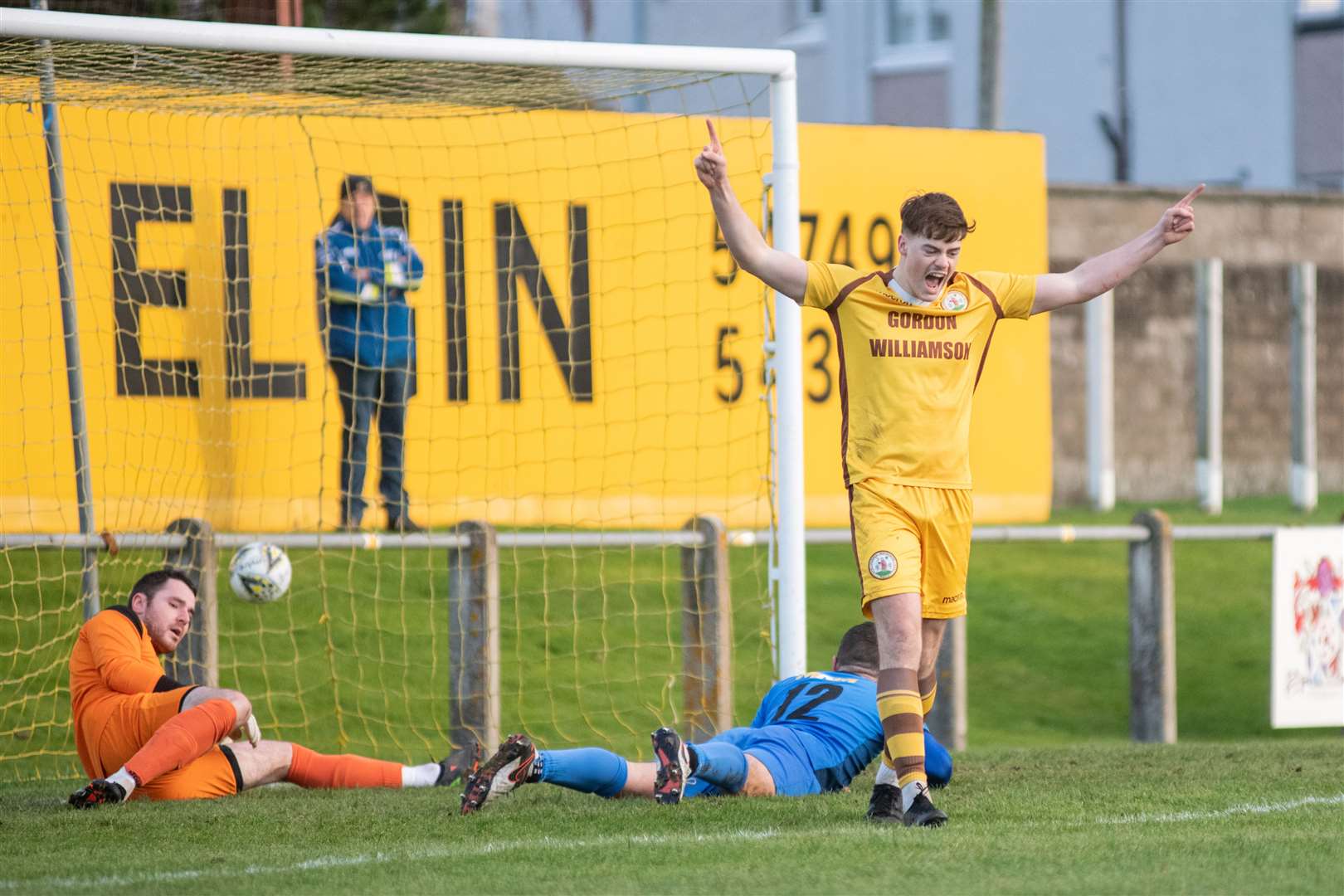 Forres forward Ben Barron celebrates after opening the scoring for the home side...Forres Mechanics FC (8) vs Strathspey Thistle FC (1) - Highland Football League 22/23 - Mosset Park, Forres 07/01/23...Picture: Daniel Forsyth..