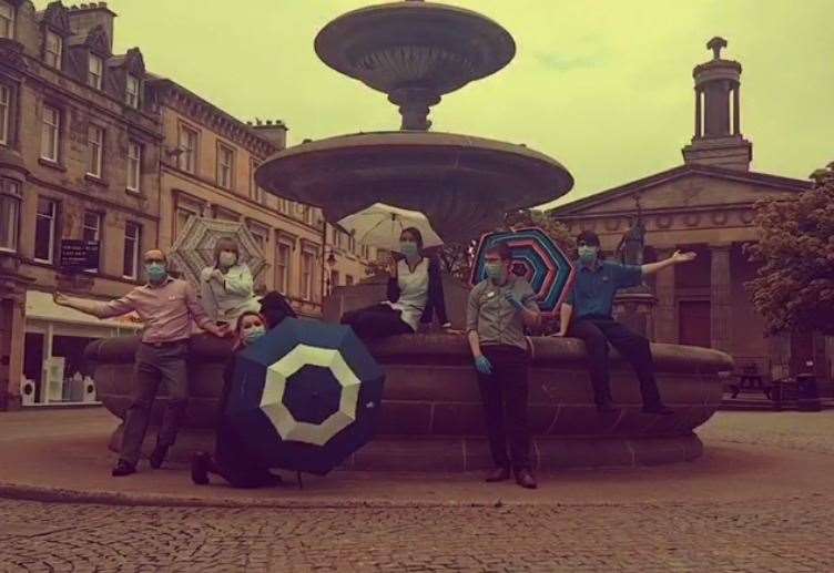 Boots Elgin staff recreate the fountain scene in Friends' opening credits.