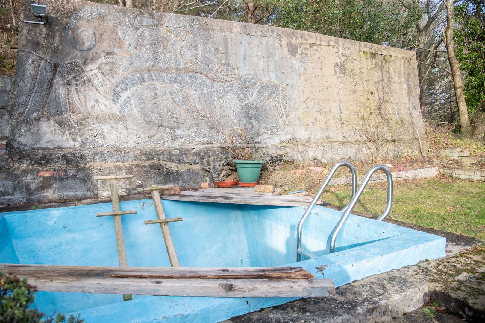 The outdoor plunge pool and mosaic.