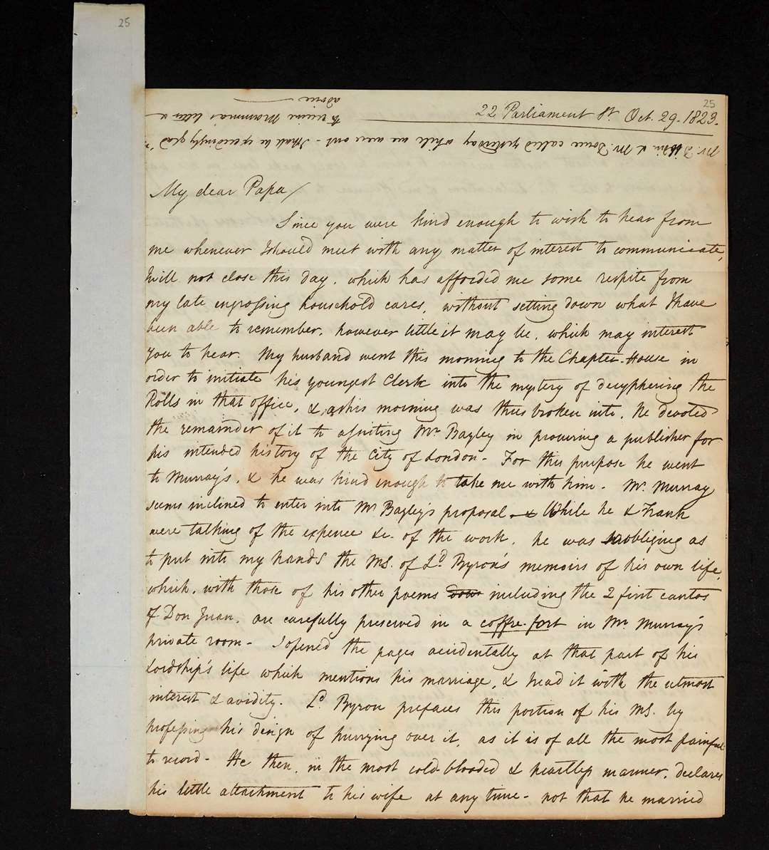Page one of a letter dated October 29 1823 describing Lord Byron’s memoirs which has been discovered at Trinity College (Trinity College/PA)