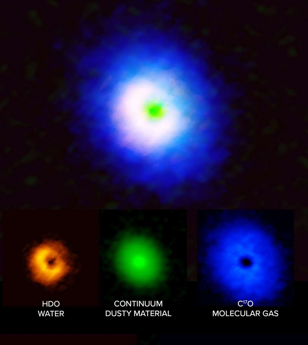 Alma images of the disc around the star V883 Orionis, showing the spatial distribution of water (left, orange), dust (middle, green) and carbon monoxide (blue, right) (Alma/ESO/NAOJ/NRA/J Tobin/B Saxton/NRAO/AUI/NSF/PA)