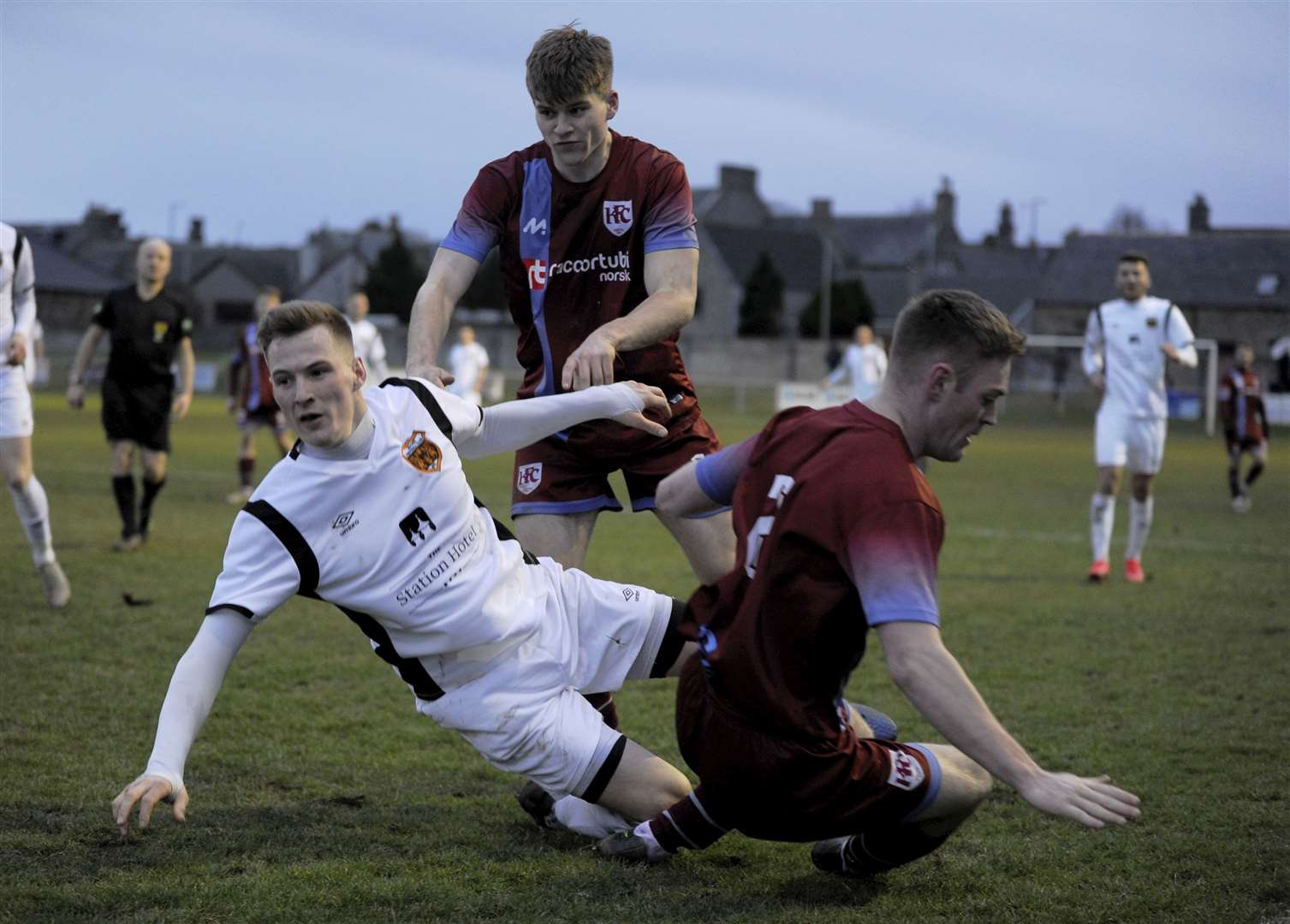 Jack Grant closes in on Rothes striker Steven Anderson in last season's Highland League. Picture: Eric Cormack