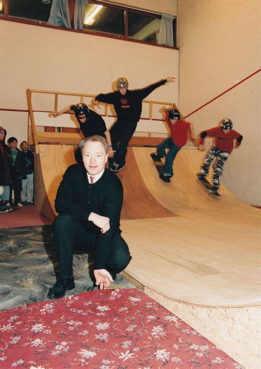Dave Millar in the Centre squash court while it was used as a skateboard facility.