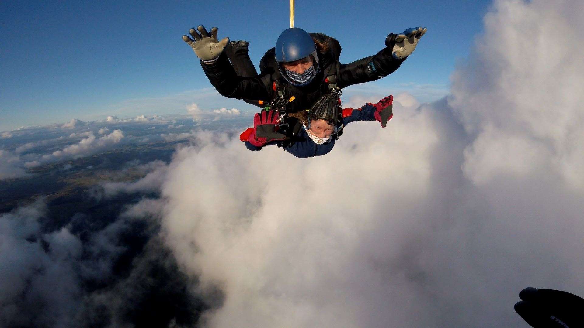Brenda enjoying her 10,000ft freefall over Fife.