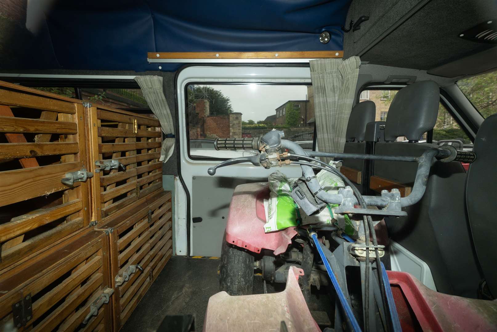 Dog crates and a homemade sledge inside the van belonging to Vince King and Karen Alcock (Joe Giddens/PA)