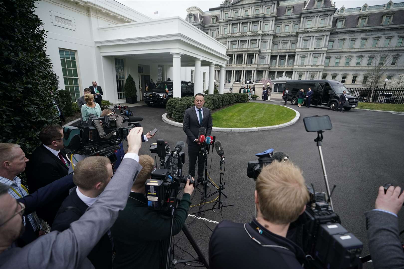 Mr Varadkar speaks to the media after his meeting with Mr Biden at the White House (Niall Carson/PA)