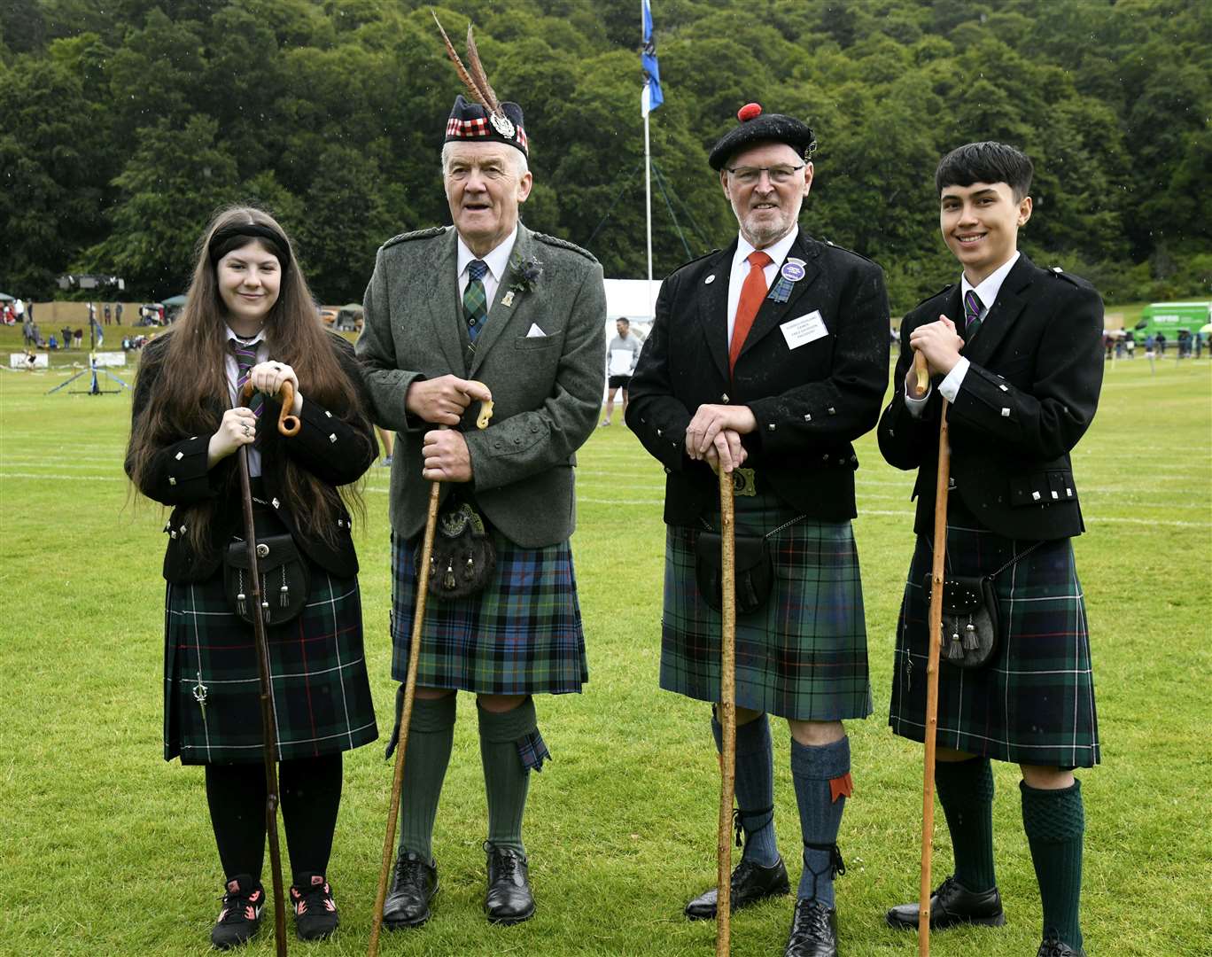 James McPartlin on the far right, junior chieftain, Fred Davidson on the right, The Highland Games President, George Alexander on the left, the Chieftain, Amy McGhee on the far left, another junior chieftain...Forres Highland Games...Picture: Beth Taylor..