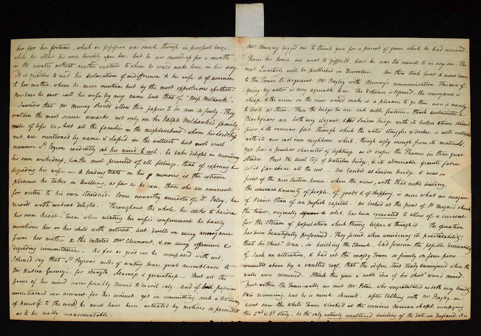 Page two of a letter dated October 29 1823 describing Lord Byron’s memoirs (Trinity College/PA)