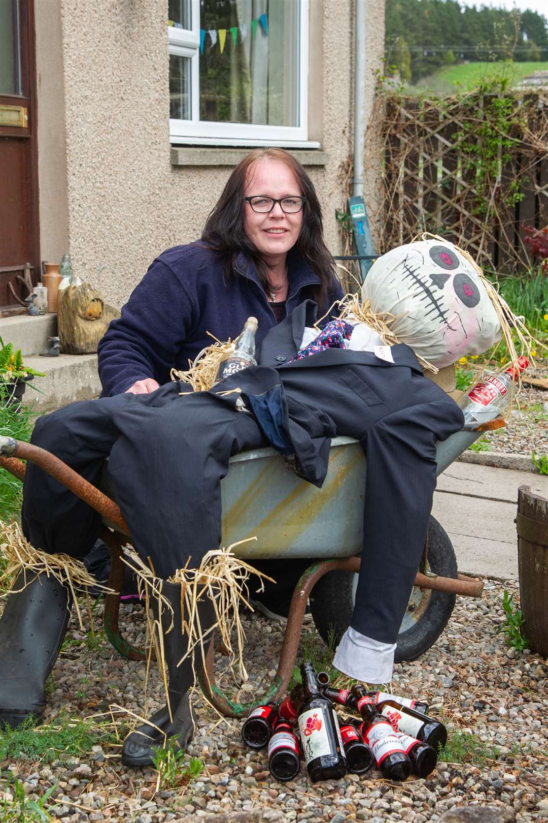 Jill Sutherland with Norman, the drunken scarecrow. ..2020 Dallas Scarecrow Competition...Picture: Daniel Forsyth..