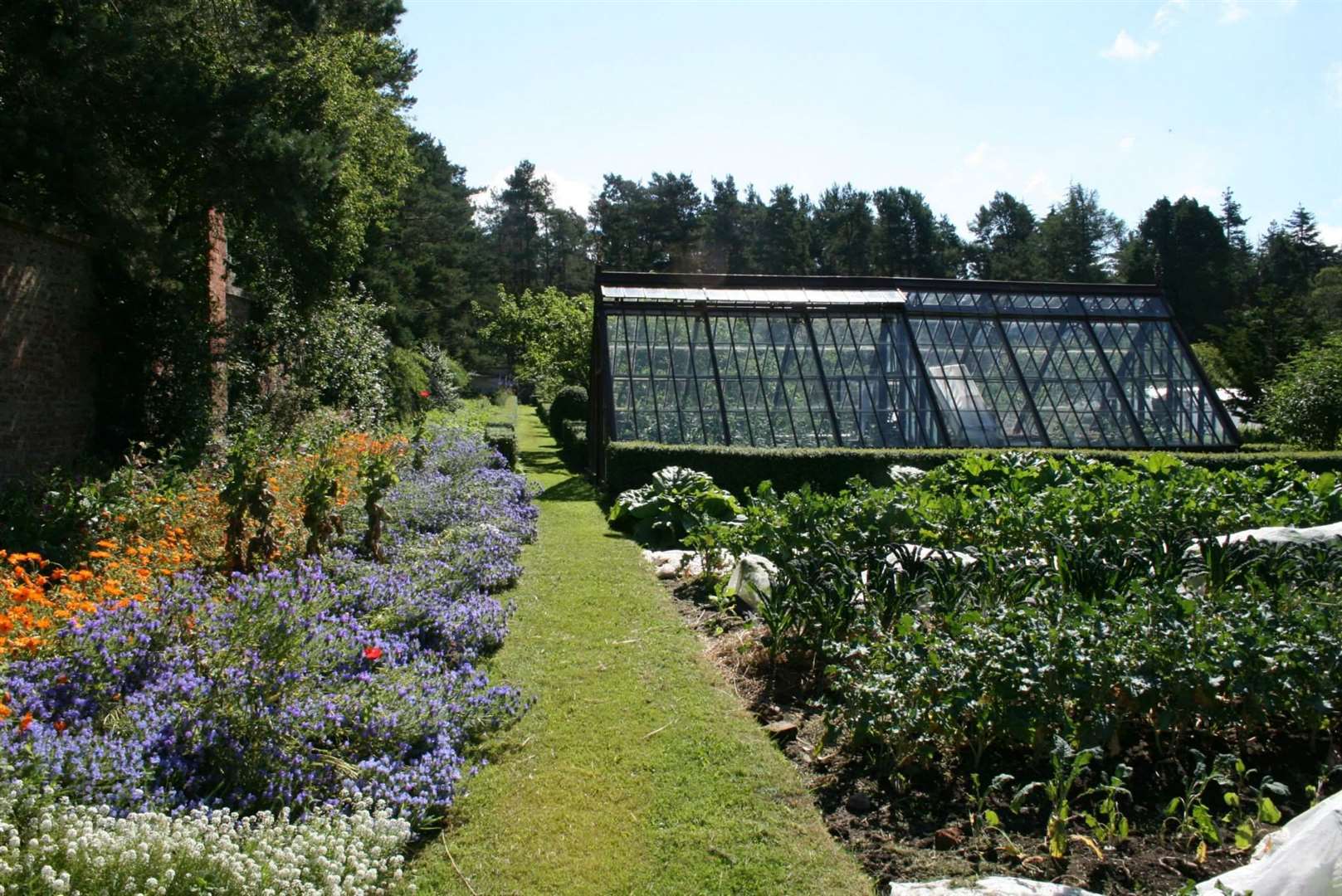 The walled gardens at the back of Newbold House in full bloom during the summer.